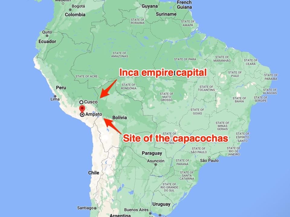A map shows the location of the Ampato volcano compared to the Inca capital Cuzco.