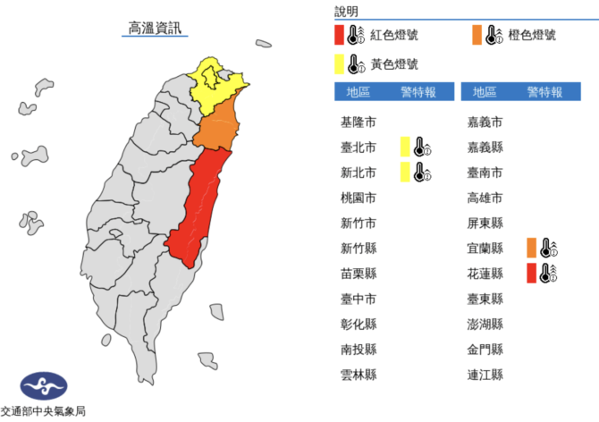 氣象局發布高溫警示。(圖/中央氣象局)