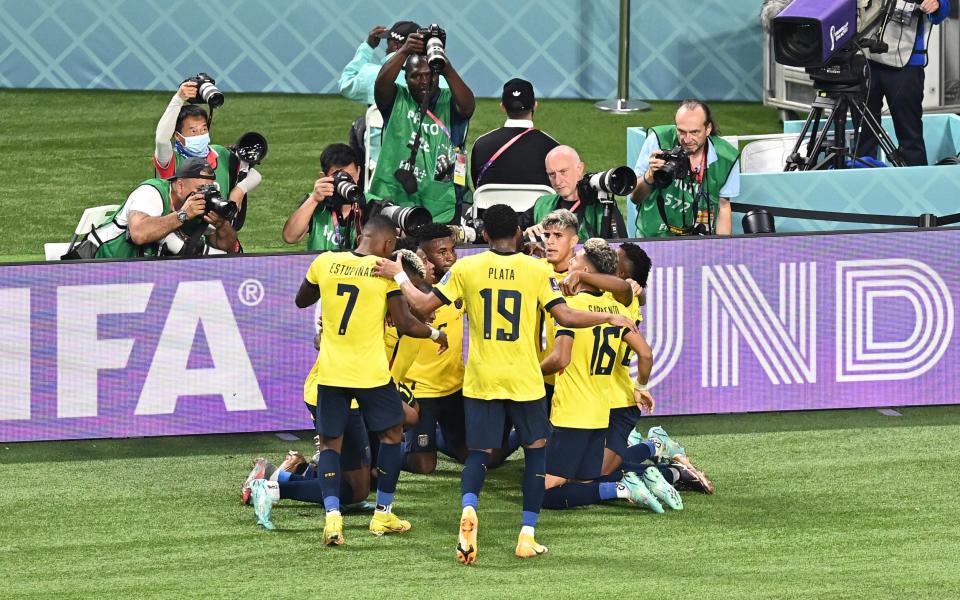 Moises Caicedo of Ecuador celebrates with teammates after scoring their team's first goal during the FIFA World Cup Qatar 2022 Group A match between Ecuador and Senegal at Khalifa International Stadium - Clive Mason/Getty Images
