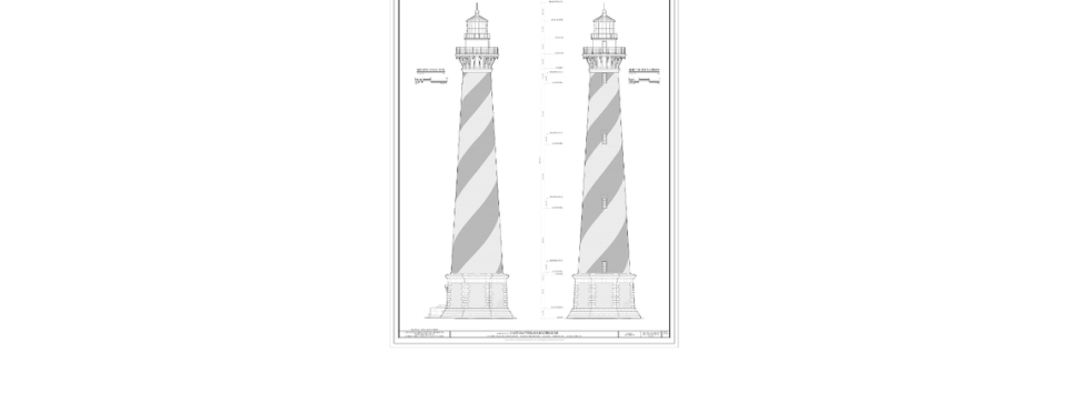 Architectural drawings of the south and west elevations of Cape Hatteras Lighthouse show window pediments that were built into the structure but were later removed because of deterioration. They will be added back as part of a $19.2 million restoration project underway.