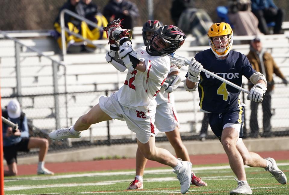 Rye's Tyler McDermott (22) puts a shot on net during their 9-4 win over Victor in boys lacrosse at Rye High School in Rye on Thursday, April 4, 2024.