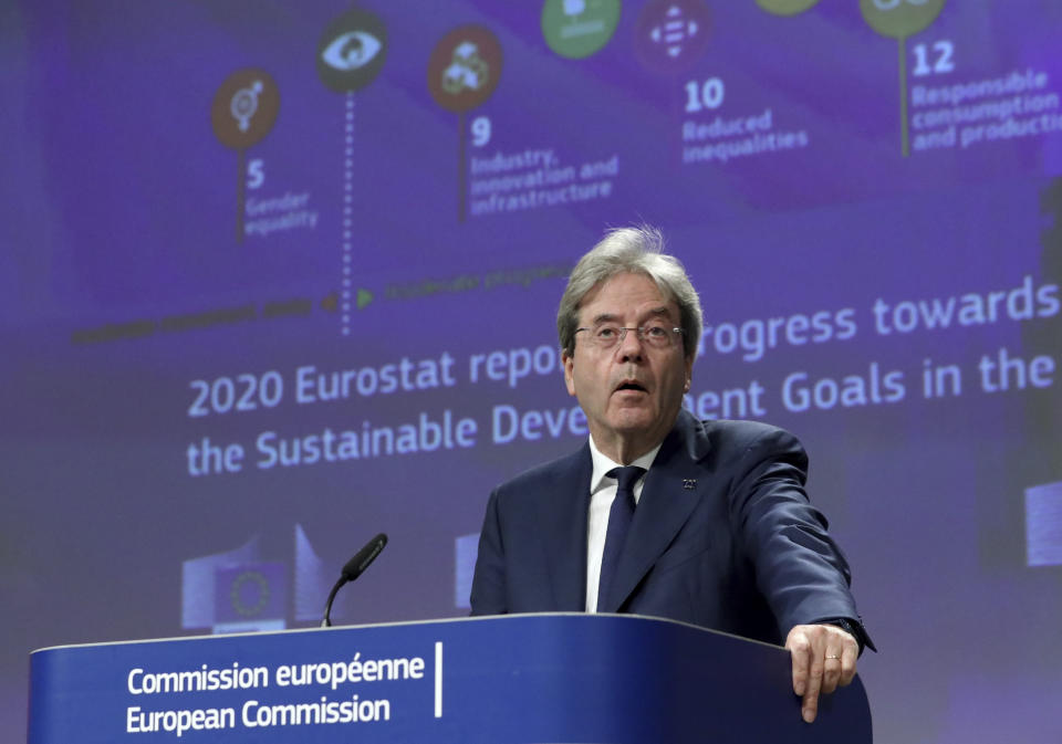 European Commissioner for the Economy Paolo Gentiloni speaks during a media conference on the 2020 Eurostat report, progress toward sustainable development goals in the EU, at EU headquarters in Brussels, Monday, June 22, 2020. (Yves Herman, Pool Photo via AP)