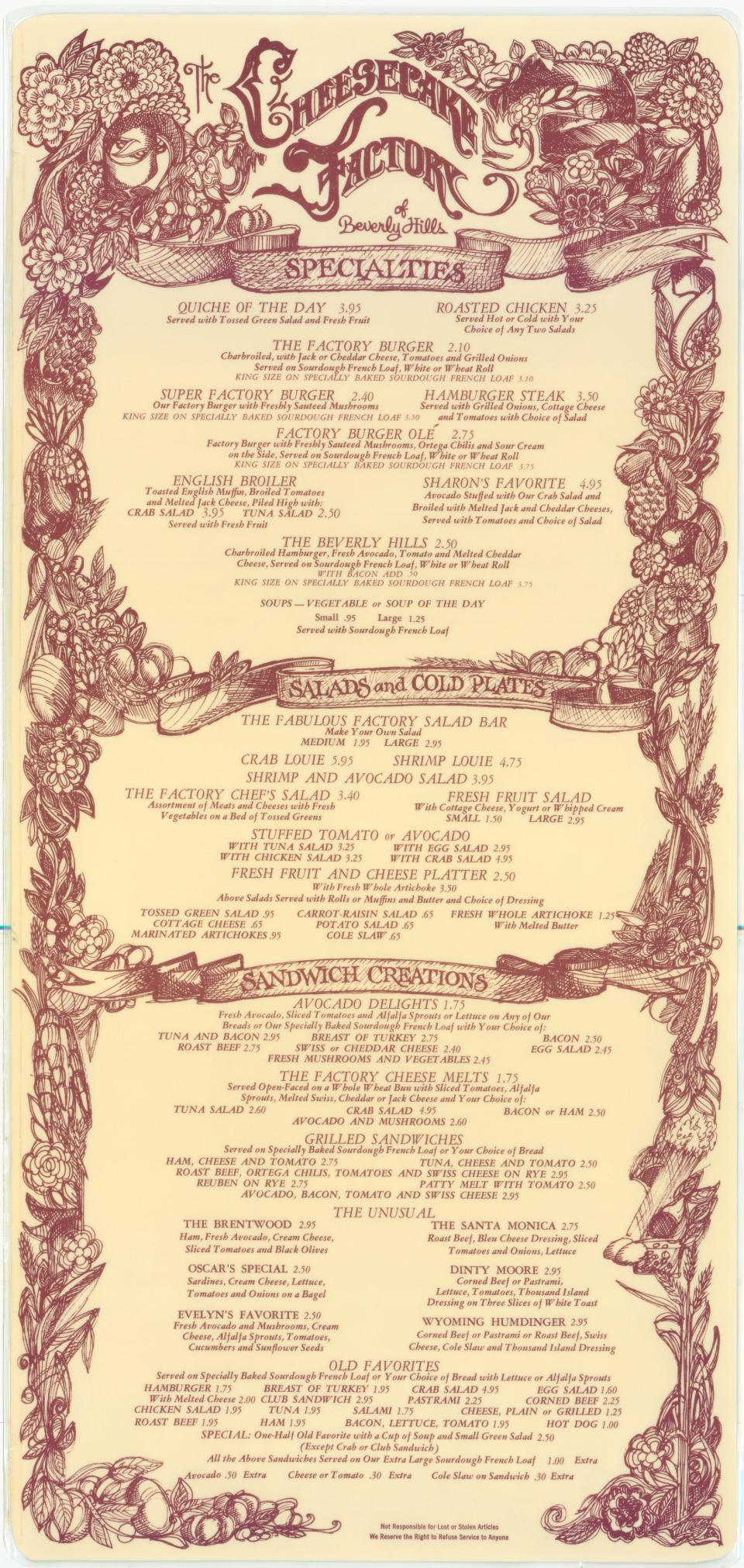 The original 1-page, 2-sided Beverly Hills The Cheesecake Factory menu from 1978.