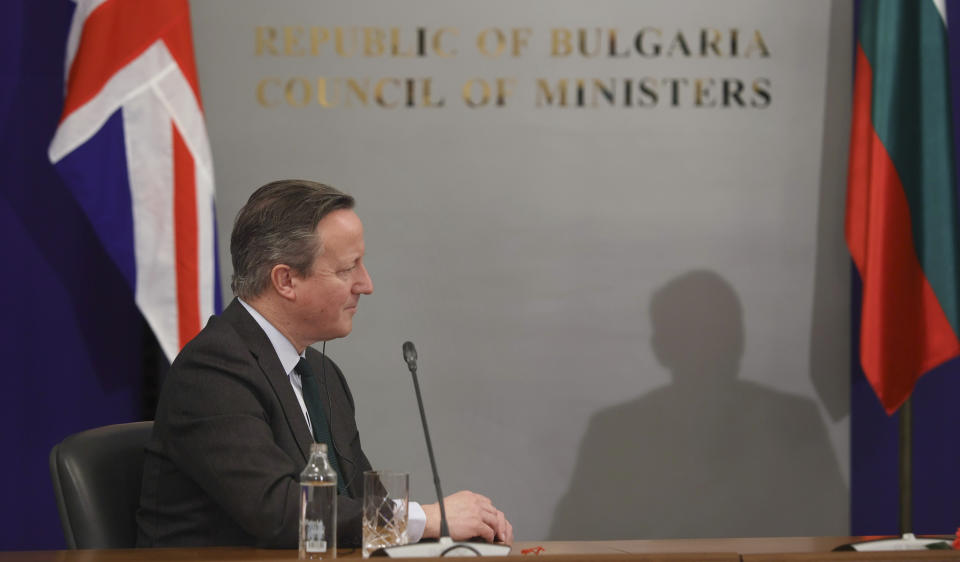 Britain's Foreign Secretary David Cameron attends a news conference at the Council of Ministers headquarters in Sofia, Bulgaria, Wednesday, Feb.14, 2024. Cameron is visiting Bulgaria prior to meeting counterparts at the Munich Security Conference. (AP Photo/Valentina Petrova)