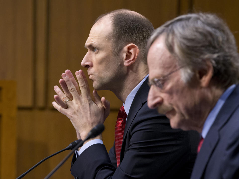 FILE - Then-Council of Economic Advisers Chairman under President Barack Obama, Austan Goolsbee, left, testifies on Capitol Hill in Washington on Feb. 28, 2013, before the Joint Economic Committee hearing on state of the U.S. economy. Goolsbee will become president of the Federal Reserve Bank of Chicago next month, the regional Fed branch said Thursday, Dec. 1, 2022, replacing retiring president Charles Evans. (AP Photo/J. Scott Applewhite, File)