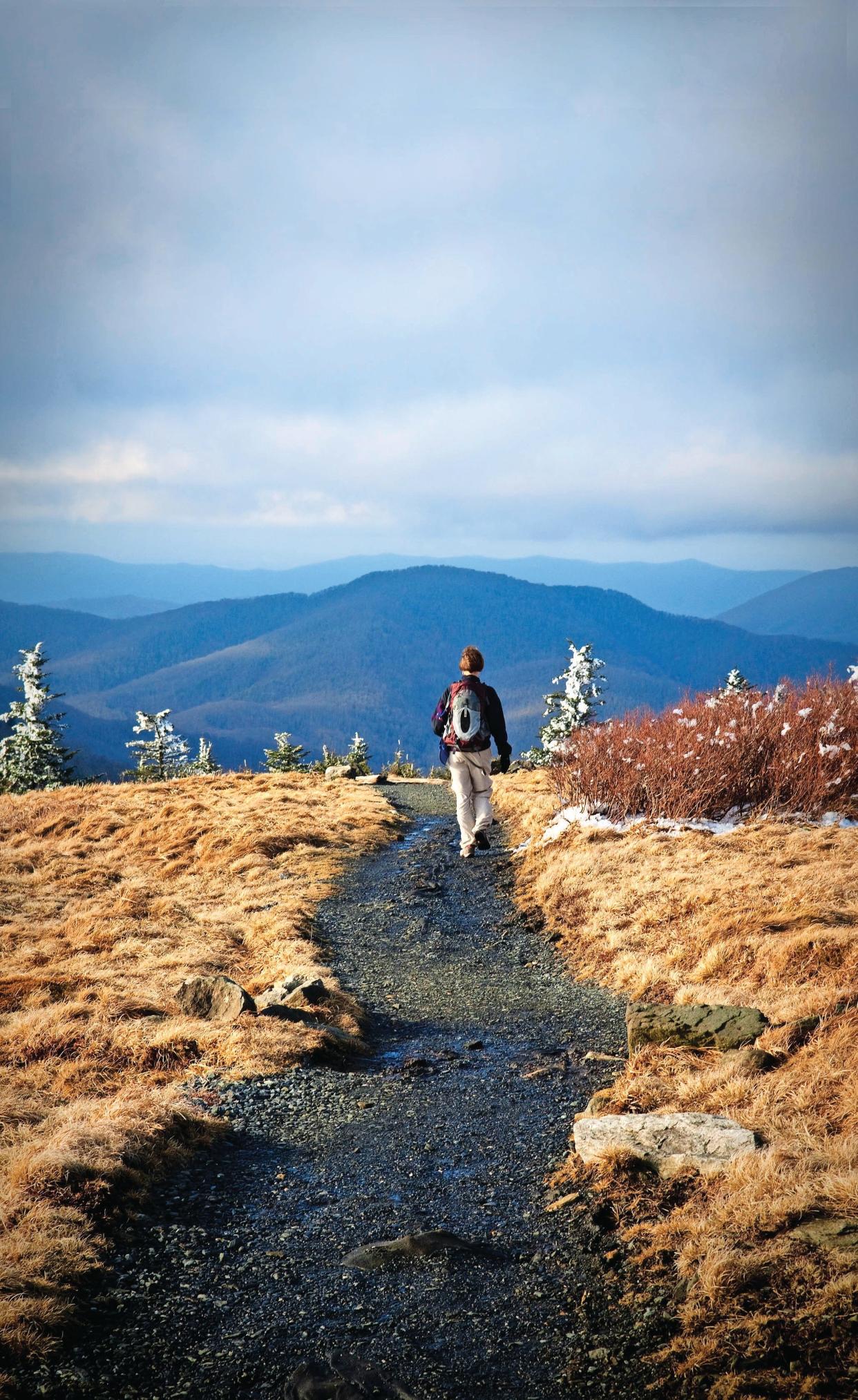 A hiker walks on the Appalachian Trail at Round Bald, on the North Carolina - Tennessee state line.