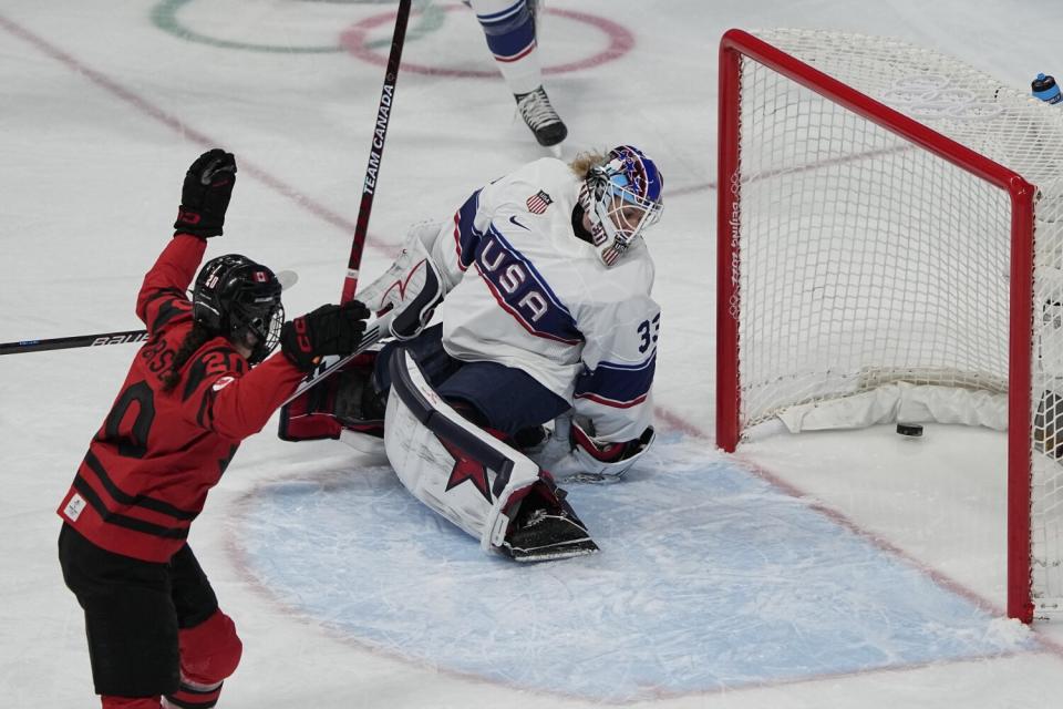 Canada's Sarah Nurse celebrates a goal against U.S. goalkeeper Alex Cavallini