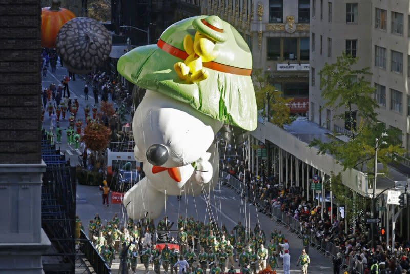 The Beagle Scout Snoopy and Woodstock balloon makes its way down Sixth Avenue during the Macy's Thanksgiving Day Parade 2023 in New York City on Thursday. Photo by John Angelillo/UPI