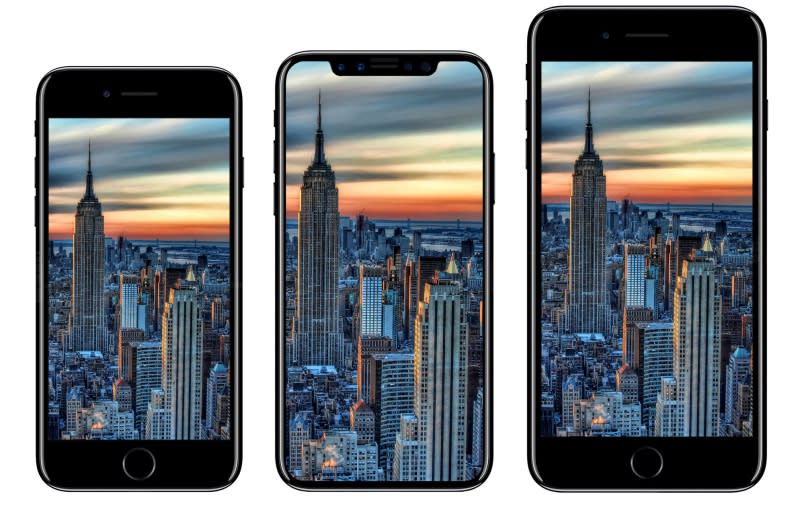 From left to right: Apple iPhone 7, Apple iPhone 8, Apple iPhone 7 Plus. (Image source: iDROPNEWS.)