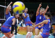 <p>Serbia’s team celebrates during their women’s preliminary volleyball match against the Netherlands at the Summer Olympics in Rio de Janeiro, Brazil, Sunday, Aug. 14, 2016. (AP Photo/Jeff Roberson) </p>