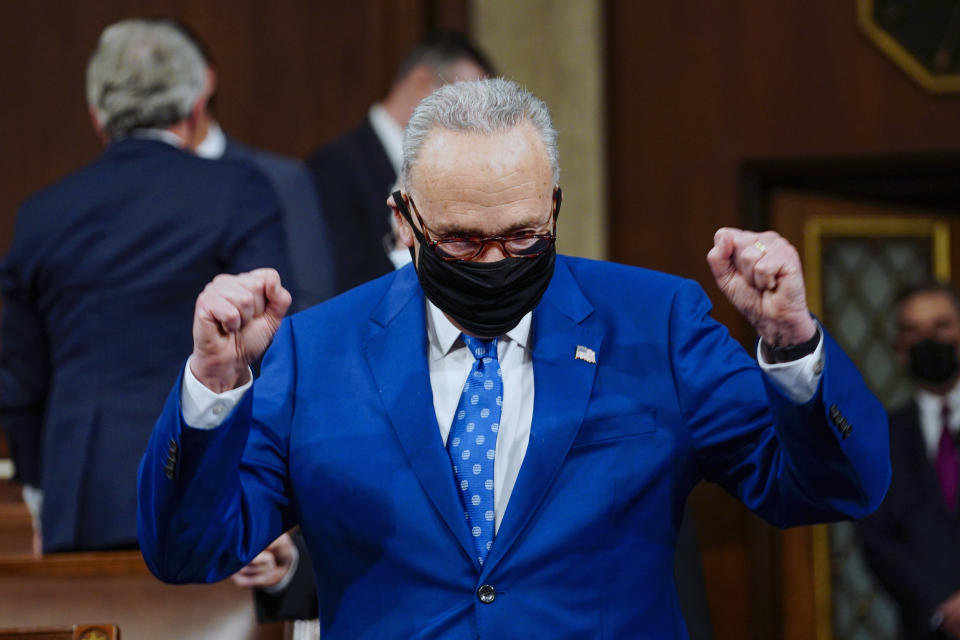 Senate Majority Leader Chuck Schumer of N.Y., arrives to the chamber ahead of President Joe Biden speaking to a joint session of Congress, Wednesday, April 28, 2021, in the House Chamber at the U.S. Capitol in Washington. (Melina Mara/The Washington Post via AP, Pool)