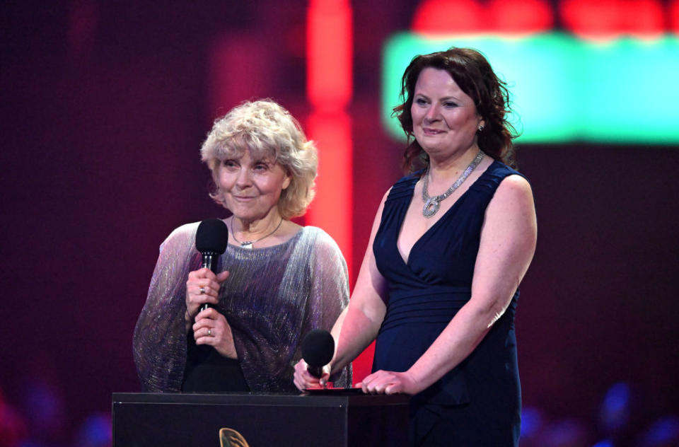 Former sub-post office operator Jo Hamilton, alongside actor Monica Dolan, made a political statement on stage during the BRIT Awards 2024.<span class="copyright">Gareth Cattermole—Getty Images</span>