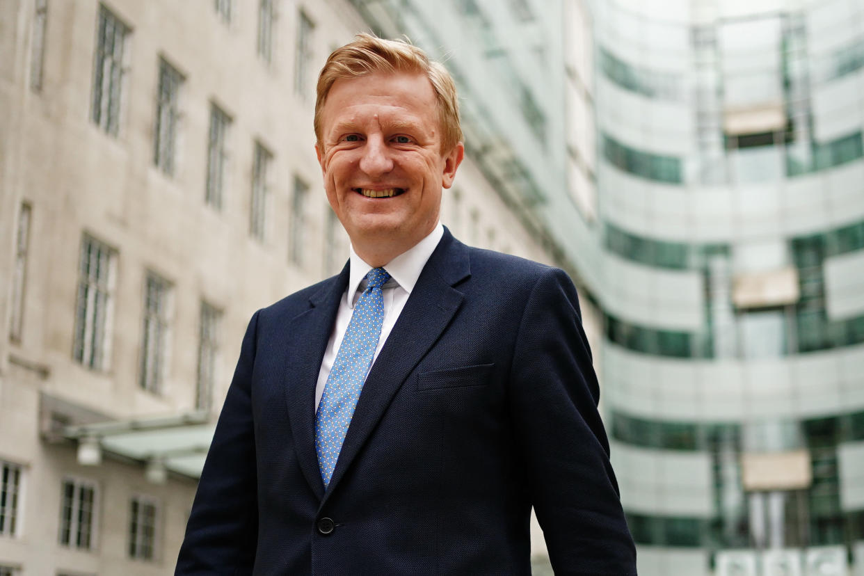 Chancellor of the Duchy of Lancaster, Oliver Dowden smiles as he departs BBC Broadcasting House in London, after appearing on the BBC One current affairs programme, Sunday with Laura Kuenssberg. Picture date: Sunday March 19, 2023. (Photo by Victoria Jones/PA Images via Getty Images)