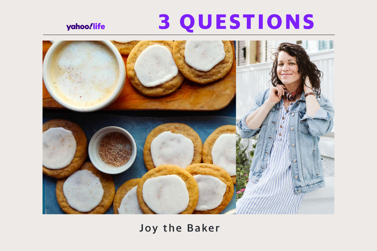 Joy, aka Joy the Baker, sees her sugar cookie recipe go viral each fall, thanks to Swifties. (Photo illustration: Yahoo News; photos: Courtesy of Joy the Baker)