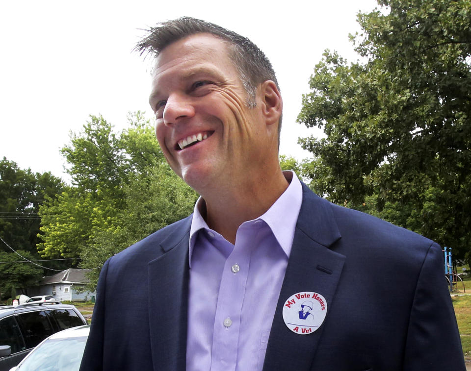 Kansas Secretary of State Kris Kobach voted Tuesday morning, Aug. 7, 2018, at the Lecompton City Hall. Kobach is running for his party's nomination for governor. (Thad Allton/The Topeka Capital-Journal via AP)