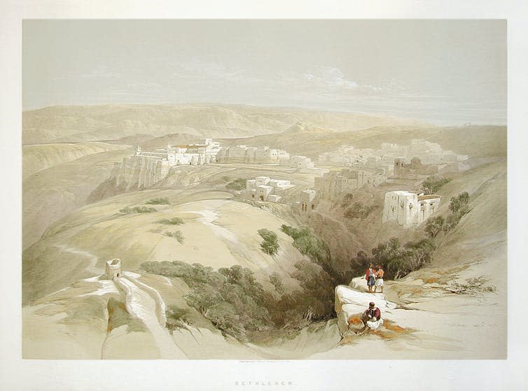 19-century painting of travellers on hill above ancient Bethlehem.