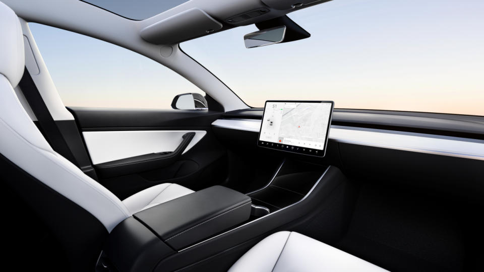 A concept showing a Tesla Model 3 with no steering wheel. (Source: Tesla)