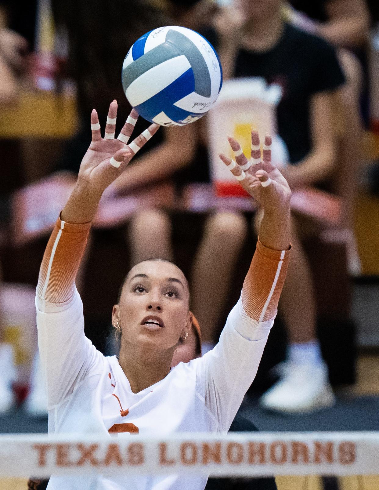 Texas outside hitter Madisen Skinner passes the ball during the Longhorns' Orange and White Game in August. Skinner and the Longhorns rebounded from a season-opening loss at Long Beach State to pick up road wins over Loyola-Marymount and No. 5 Minnesota.