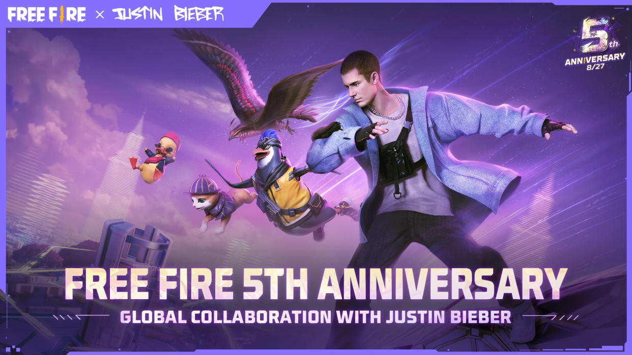 Garena Free Fire has partnered with Canadian popstar Justin Bieber for the game's fifth anniversary celebration, with the artist set to perform an exclusive track in an in-game concert on 27 August. (Photo: Garena) 