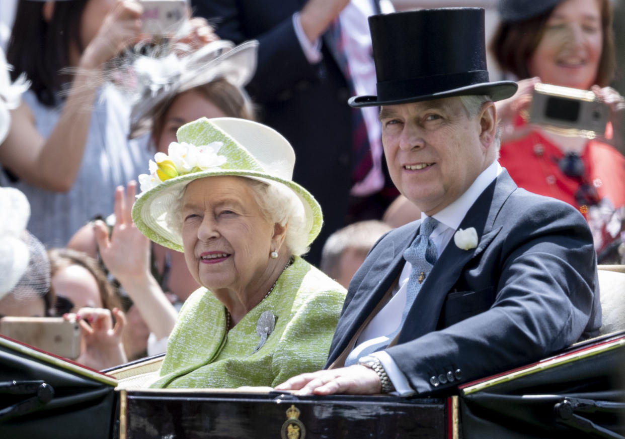 The Queen and Prince Andrew at Ascot Racecourse. (Ascot, Berkshire, England, UK)