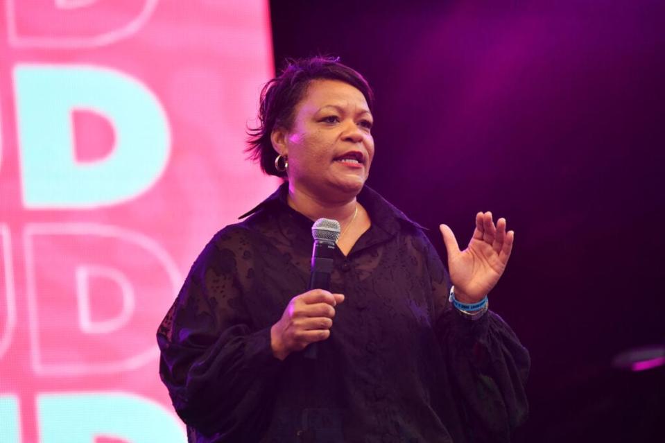 Mayor LaToya Cantrell speaks onstage at the Evening Concert Series during the 2021 ESSENCE Festival Of Culture in New Orleans, Louisiana. (Photo by Paras Griffin/Getty Images)