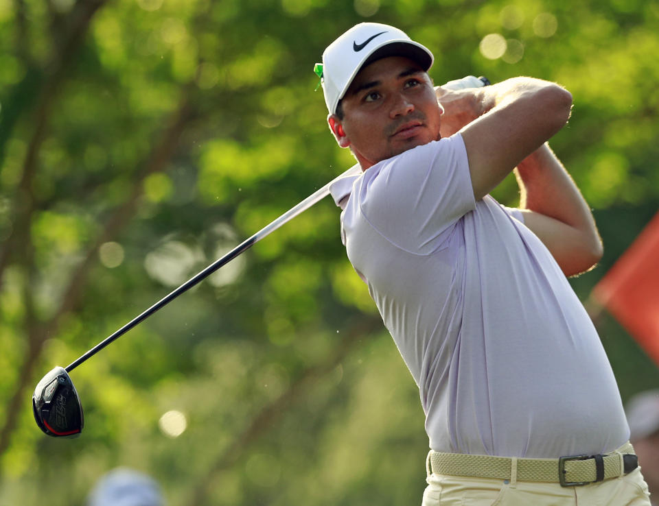 Jason Day watches his tee shot on the 11th hole during the first round of the Wells Fargo Championship golf tournament at Quail Hollow Club in Charlotte, N.C., Thursday, May 2, 2019. (AP Photo/Jason E. Miczek)