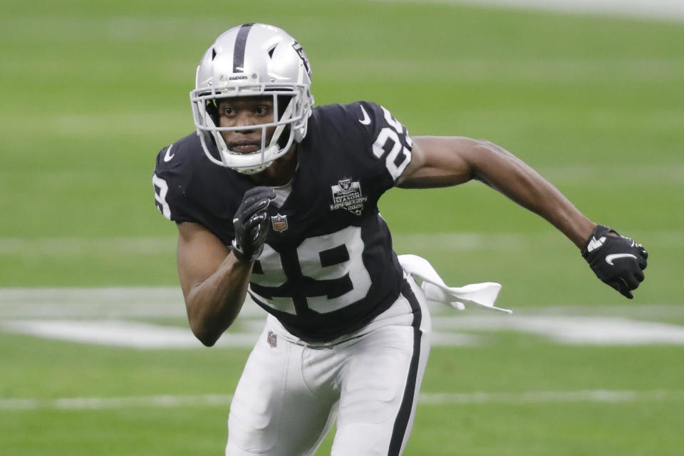 FILE - Las Vegas Raiders free safety Lamarcus Joyner (29) plays against the Indianapolis Colts during the first half of an NFL football game in Las Vegas, in this Sunday, Dec. 13, 2020, file photo. Whether it was Kansas City getting rid of banged-up and expensive starting offensive tackles Mitchell Schwartz and Eric Fisher, or the Raiders cutting ties with Lamarcus Joyner and Tyrell Williams, veterans around the league have been sent to the chopping block. (AP Photo/Isaac Brekken, File)