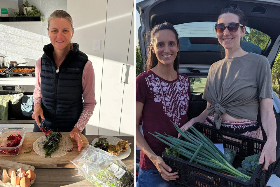 Erica Quinn in her kitchen (left) and two shoppers at a Reko ring picking up produce (right).