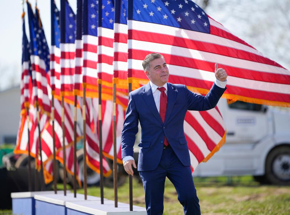 Apr 23, 2022; Delaware, Ohio, USA; Mike Carey walks out on stage during a rally with former President Donald Trump at the Delaware County Fairgrounds. Mandatory Credit: Adam Cairns-The Columbus Dispatch