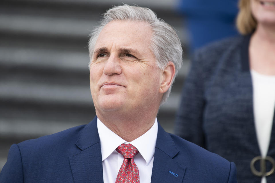 House Minority Leader Kevin McCarthy, R-Calif., is seen during a group photo with freshmen members of the House Republican Conference on the House steps of the Capitol on Monday, January 4, 2021. (Tom Williams/CQ Roll Call via Getty Images) 
