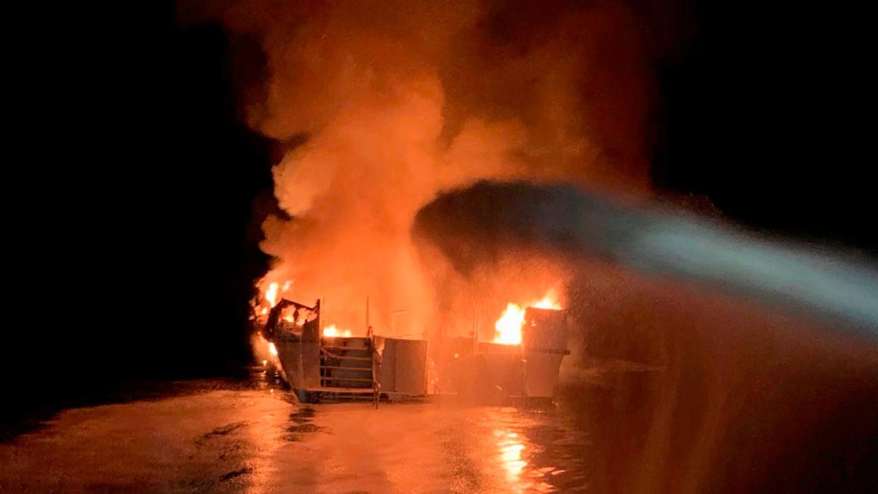 PHOTO: In this photo provided by the Ventura County Fire Department, VCFD firefighters respond to a fire aboard the Conception dive boat fire in the Santa Barbara Channel off the coast of Southern California on Sept. 2, 2019.  (AP)