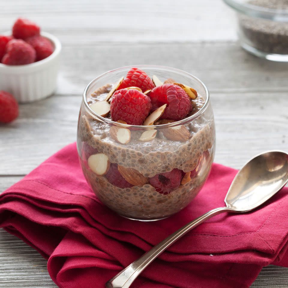 <p>Have chocolate for breakfast with this unbelievably healthy chia pudding recipe. The deep chocolaty flavor pairs perfectly with juicy raspberries for a fun switch-up from oatmeal for your morning routine. <a href="https://www.eatingwell.com/recipe/258637/cocoa-chia-pudding-with-raspberries/" rel="nofollow noopener" target="_blank" data-ylk="slk:View Recipe;elm:context_link;itc:0;sec:content-canvas" class="link ">View Recipe</a></p>