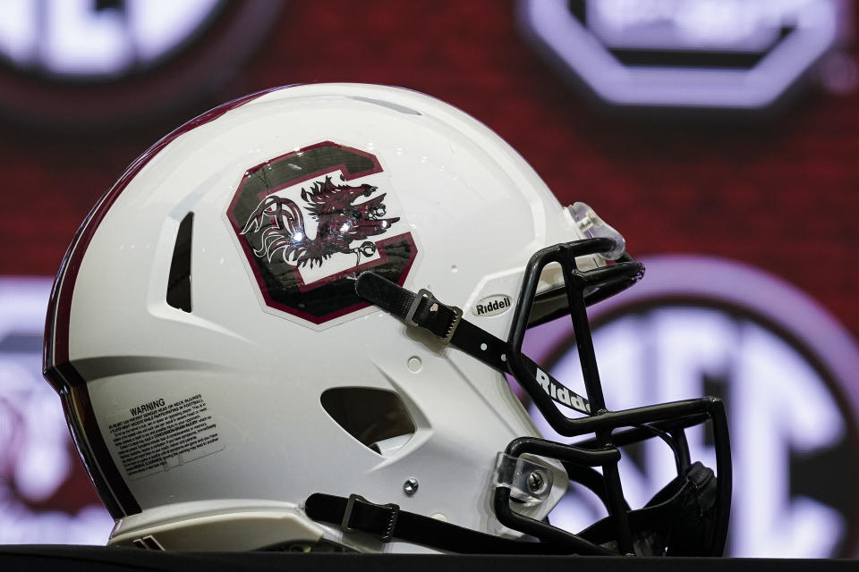Jul 19, 2022; Atlanta, GA; The South Carolina helmet on the stage during SEC Media Days at the College Football Hall of Fame. Dale Zanine-USA TODAY Sports