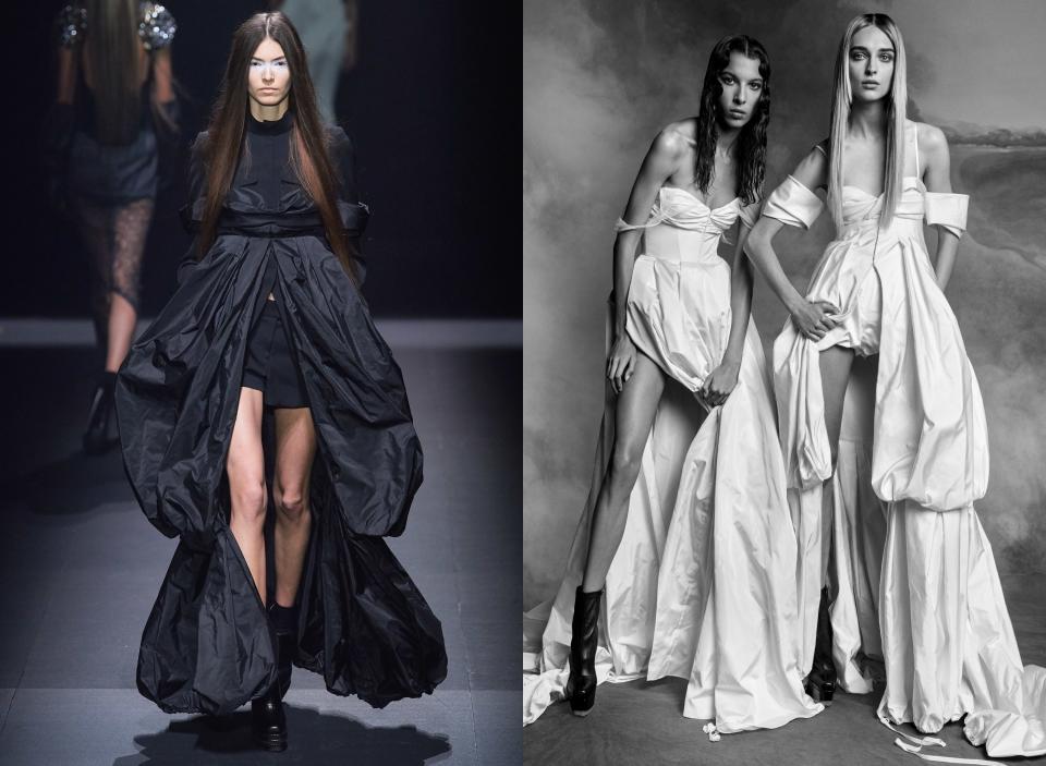 Vera Wang’s Fall 2020 bridal collection was designed in a similar spirit as her Spring 2020 ready-to-wear, with billowing coat-dresses and satin bra tops a bride could re-wear after the wedding.