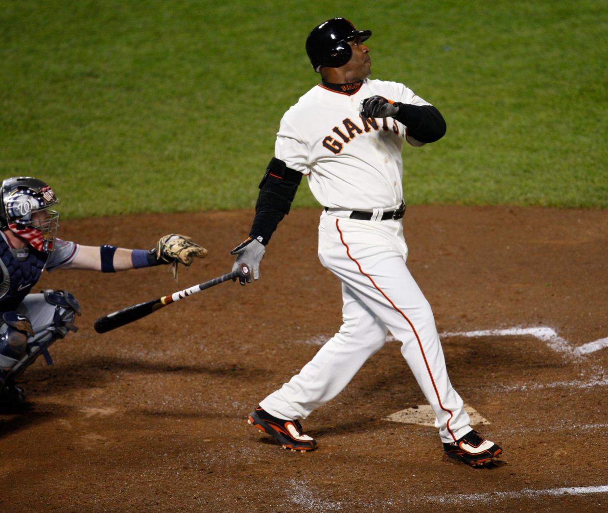 San Francisco Giants' Barry Bonds hits home run number 756 off Washington Nationals pitcher Mike Bacsik breaking Hank Aaron's all-time Major League Baseball career home run record of 755 on Aug. 7, 2007 at AT&T Park in San Francisco, Calif. becoming the career all-time home run record holder.