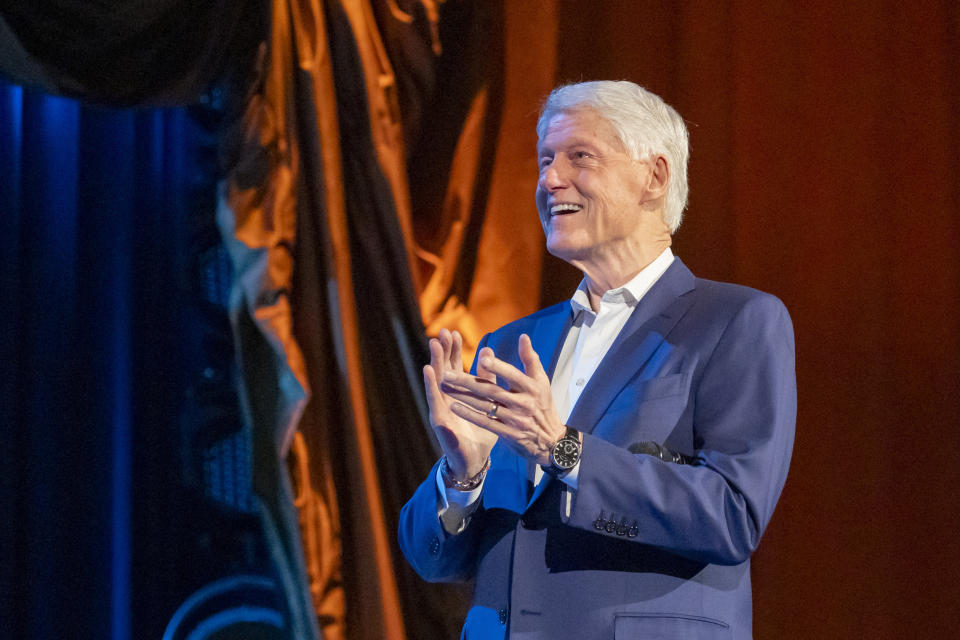 Former President Bill Clinton participates in a fundraising event for President Joe Biden with former president Barack Obama and Stephen Colbert at Radio City Music Hall, Thursday, March 28, 2024, in New York. (AP Photo/Alex Brandon)