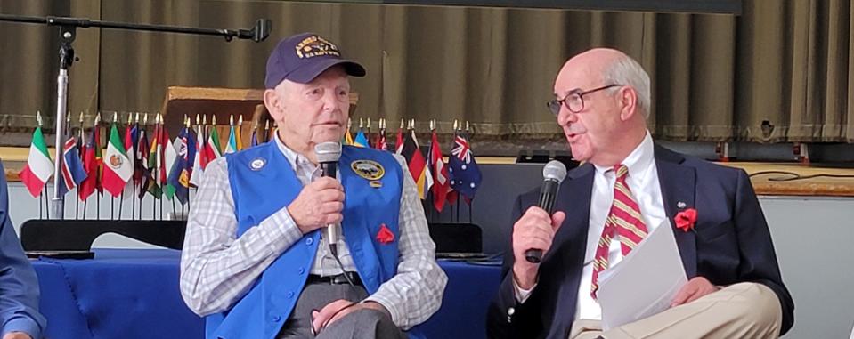 (Left) World War II veteran Howard Cecil Whiteside is interviewed by Maury County Judge Bobby Sands at the most recent Kiwanis Club of Columbia meeting.