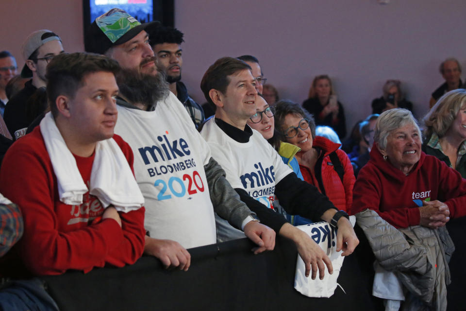 Supporters look on as Democratic presidential candidate and former New York City Mayor Mike Bloomberg speaks at a campaign event, Thursday, Feb. 20, 2020, in Salt Lake City. (AP Photo/Rick Bowmer)