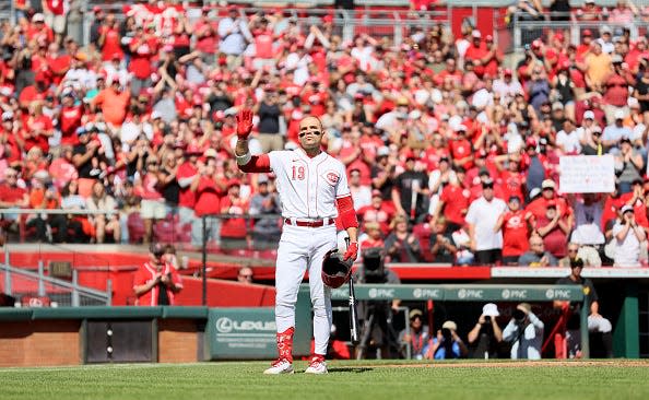 Votto reacts to the ovation Reds fans gave him during his final home game of the season.