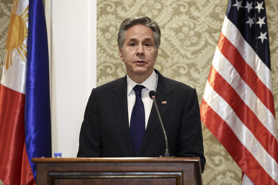 U.S. Secretary of State Antony Blinken delivers his speech during a joint news conference in Manila, Philippines on Tuesday March 19, 2024. (Eloisa Lopez/Pool Photo Photo via AP)