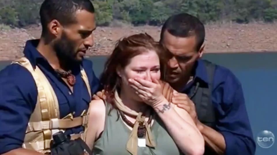 She was comforted by her campmates Anthony Mundine and Josh Gibson. Source: Ten