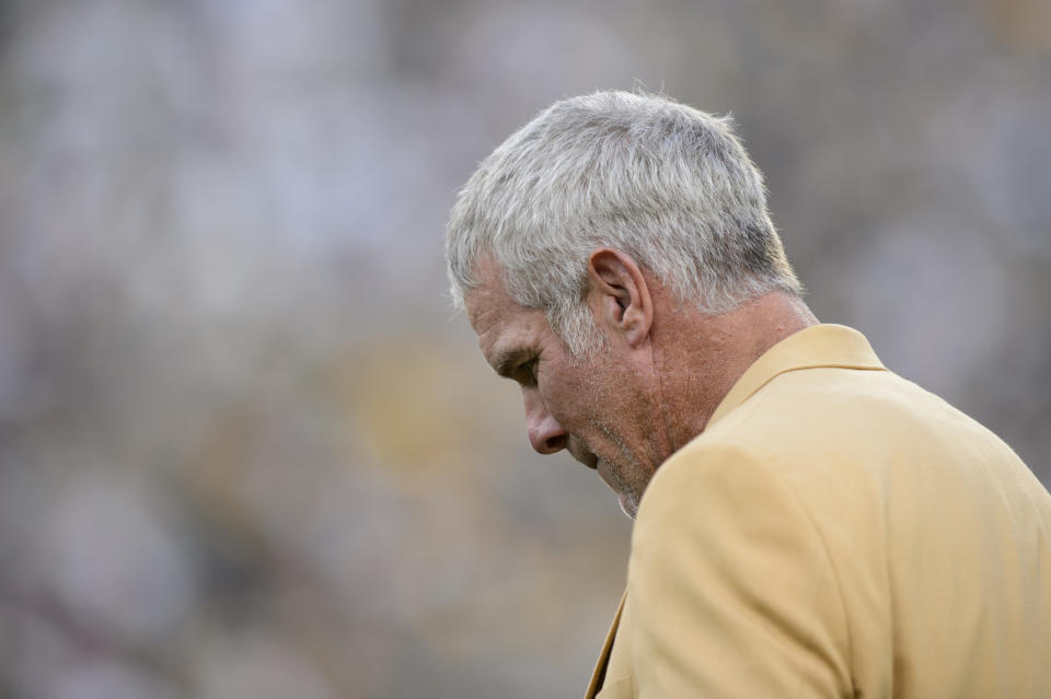 GREEN BAY, WI - OCTOBER 16: Former NFL quarterback Brett Favre looks on as he is inducted into the Ring of Honor during a halftime ceremony during the game between the Green Bay Packers and the Dallas Cowboys on October 16, 2016 at Lambeau Field in Green Bay, Wisconsin.  The Cowboys defeated the Packers 30-16.  (Photo by Hannah Foslien/Getty Images)