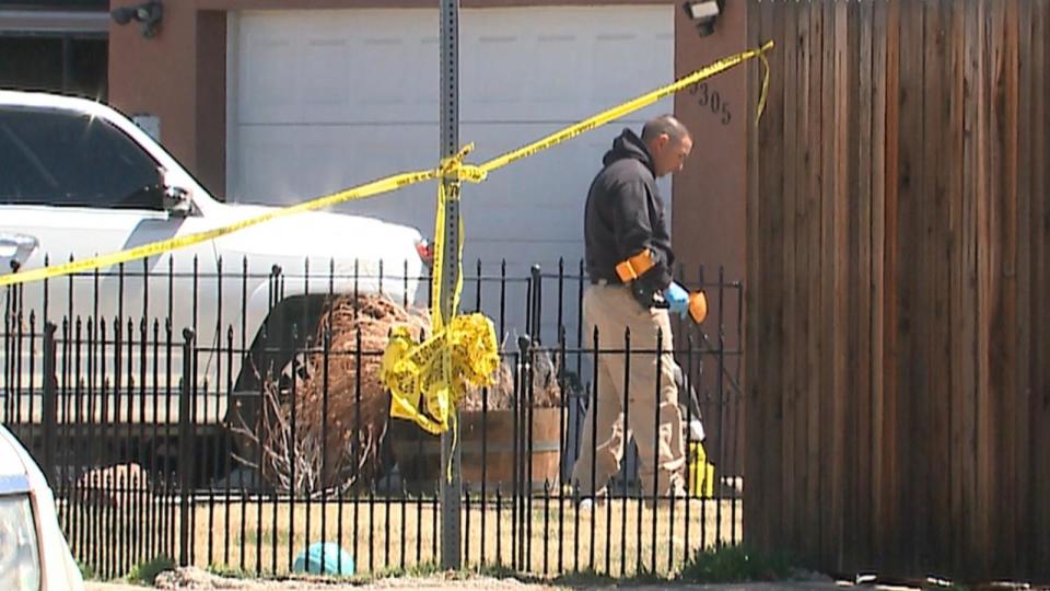 PHOTO: Law enforcement officials investigate at the scene of a police-involved shooting at the wrong house in Farmington, N.M., on April 6, 2023. (KOAT)