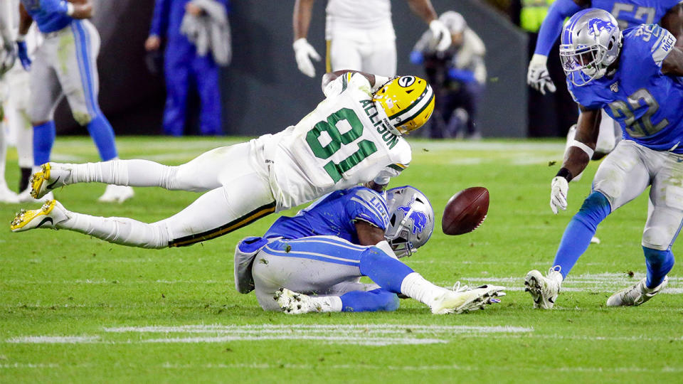 The Green Bay Packers' wide receiver Geronimo Allison was left motionless on the field after this collision. (Image: AP)