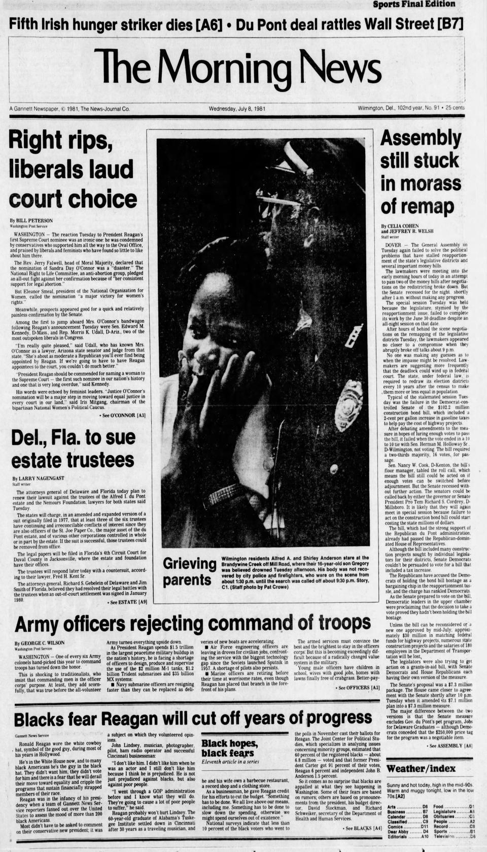 Front page of The Morning News from July 8, 1981.