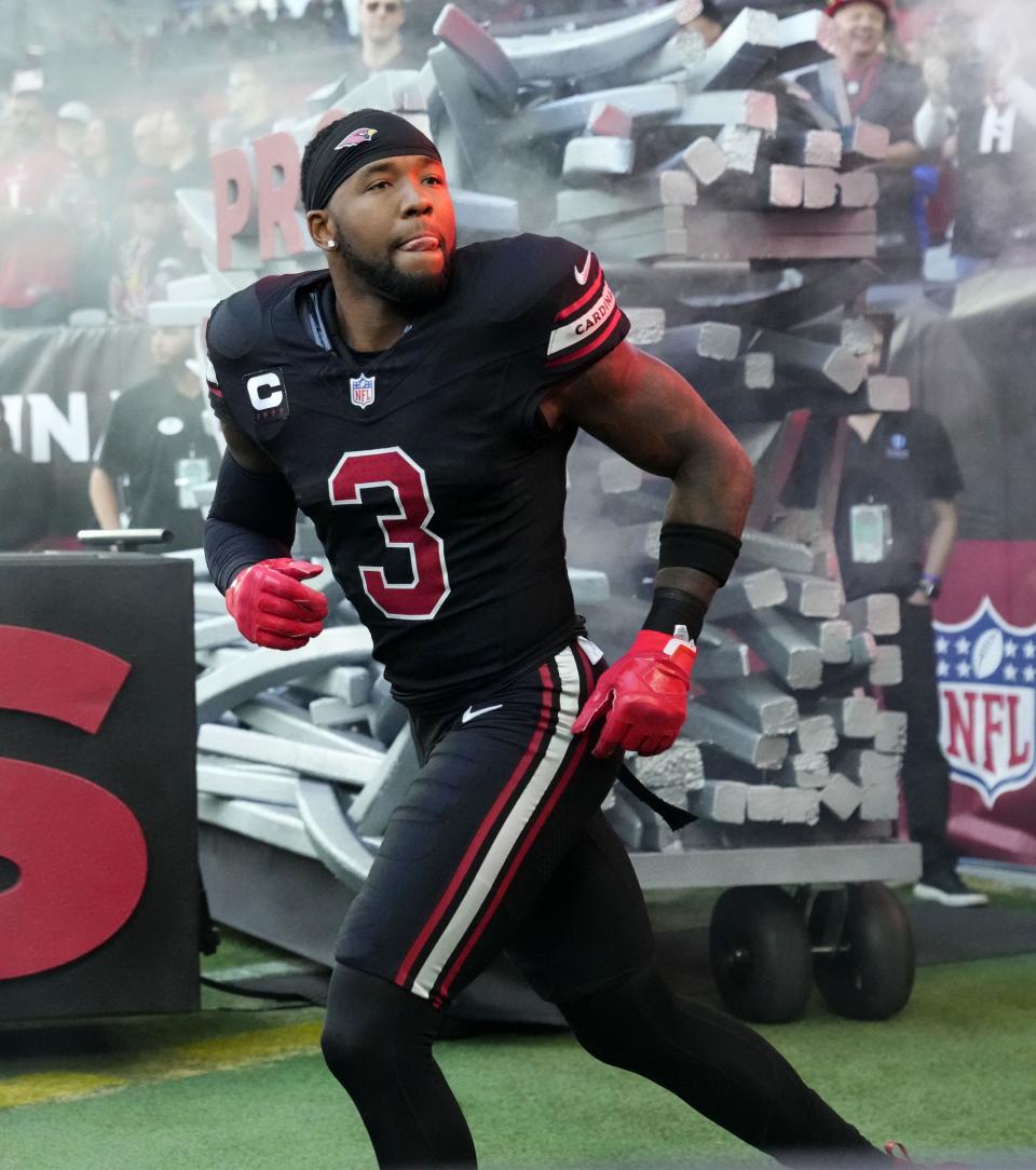 Arizona Cardinals safety Budda Baker (3) during player introductions before facing the Los Angeles Rams at State Farm Stadium in Glendale on Nov. 26, 2023.