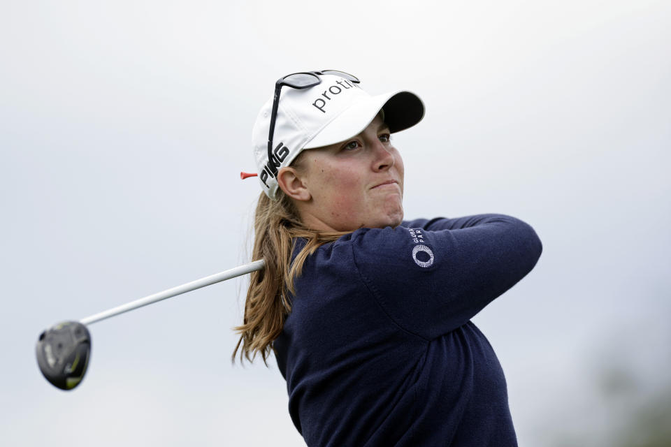 Jennifer Kupcho watches her 13th hole tee shot during the final round of the Mizuho Americas Open golf tournament, Sunday, June 4, 2023, in Jersey City, N.J. (AP Photo/Adam Hunger)