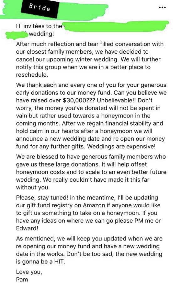 bride to be saying $30 thousand of the donated money will be spent on a honeymoon but the gift registry is still available