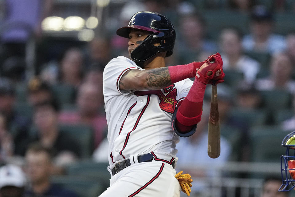 Atlanta Braves' Orlando Arcia drives in a run with a base hit in the third inning of a baseball game against the New York Mets, Thursday, June 8, 2023, in Atlanta. (AP Photo/John Bazemore)