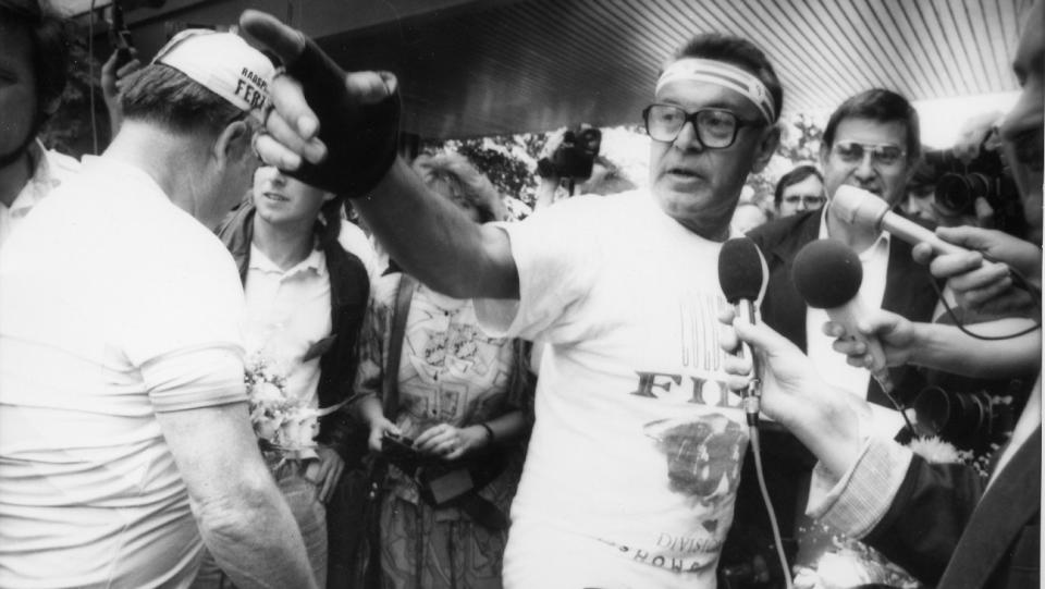 In a publicity stunt to promote the festival, Milos Forman cycled nearly 80 miles from Prague to Karlovy Vary. - Credit: @Anna MEDIAPLAN PR